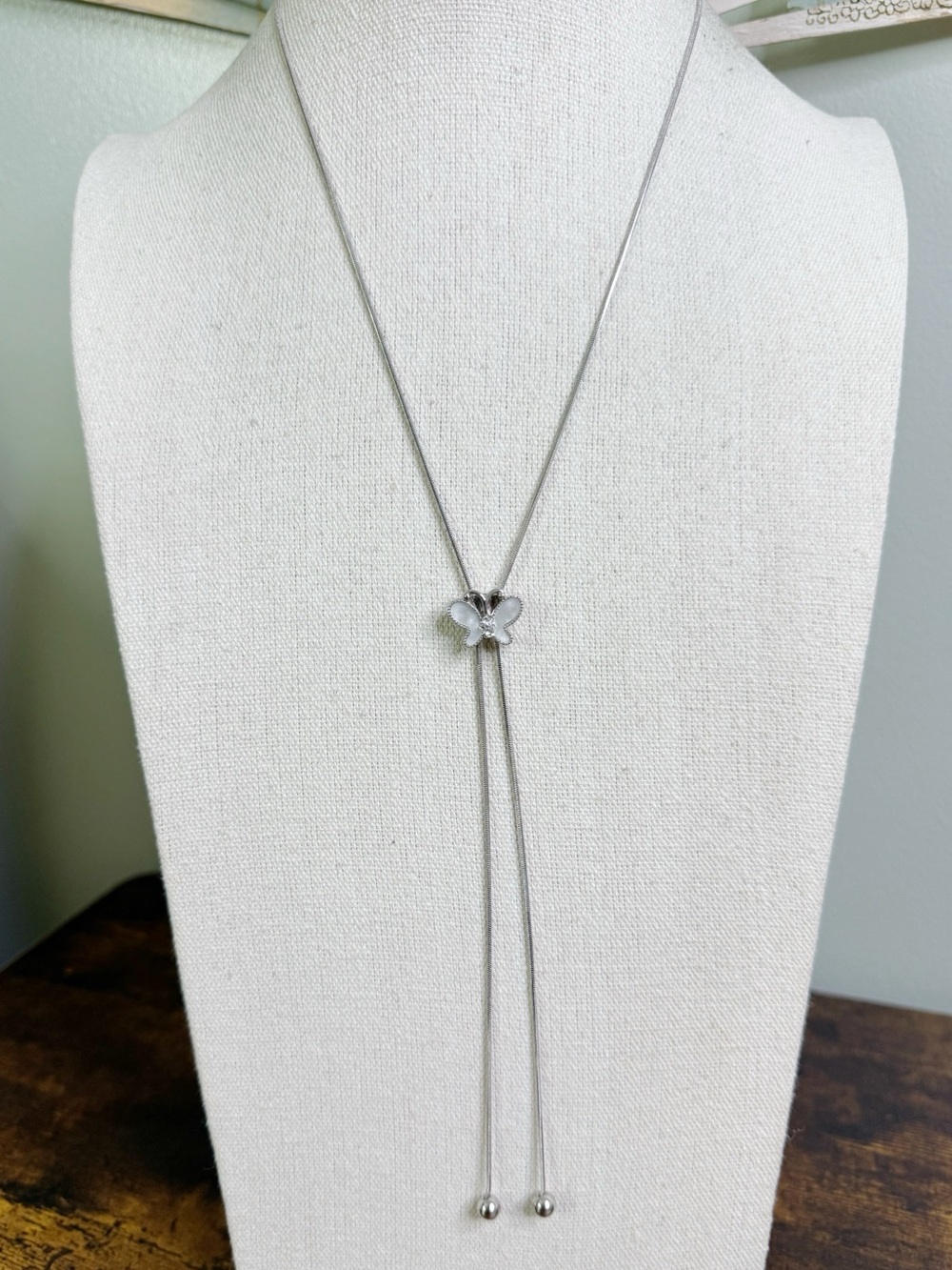 Silver Tone Butterfly Lariat Necklace - Adjustable Length